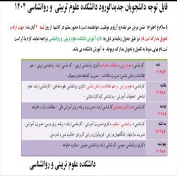 برنامه زمان بندی  تحویل مدارک و ثبت نام ورودی های جدید